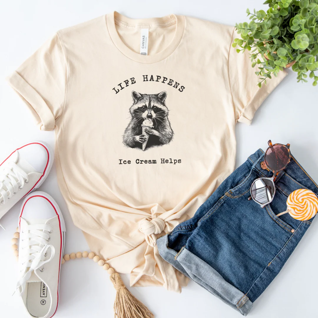 💙 Life Happens Ice Cream Helps Raccoon Cozy T-Shirt - Image 18