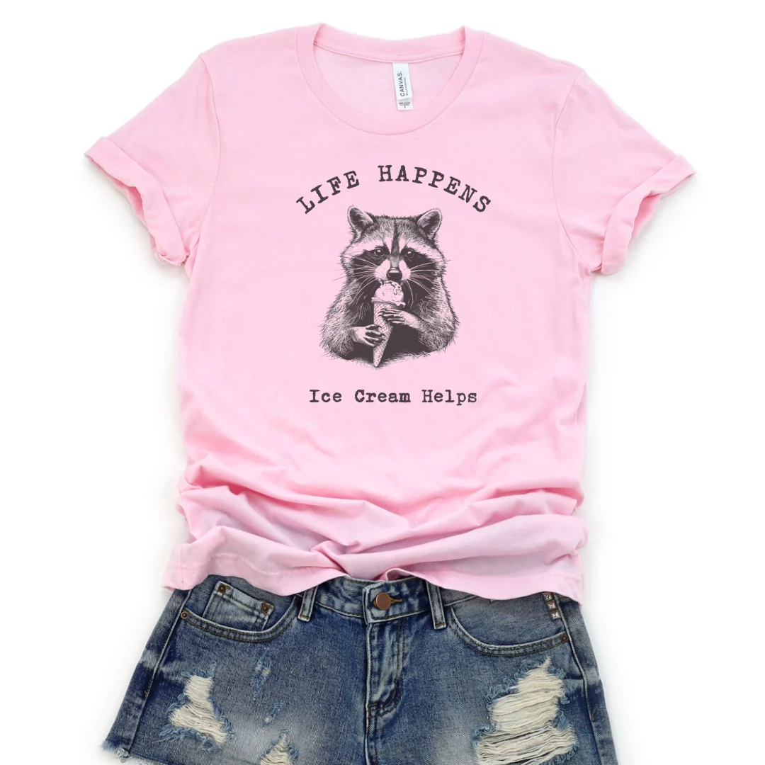 💙 Life Happens Ice Cream Helps Raccoon Cozy T-Shirt - Image 19