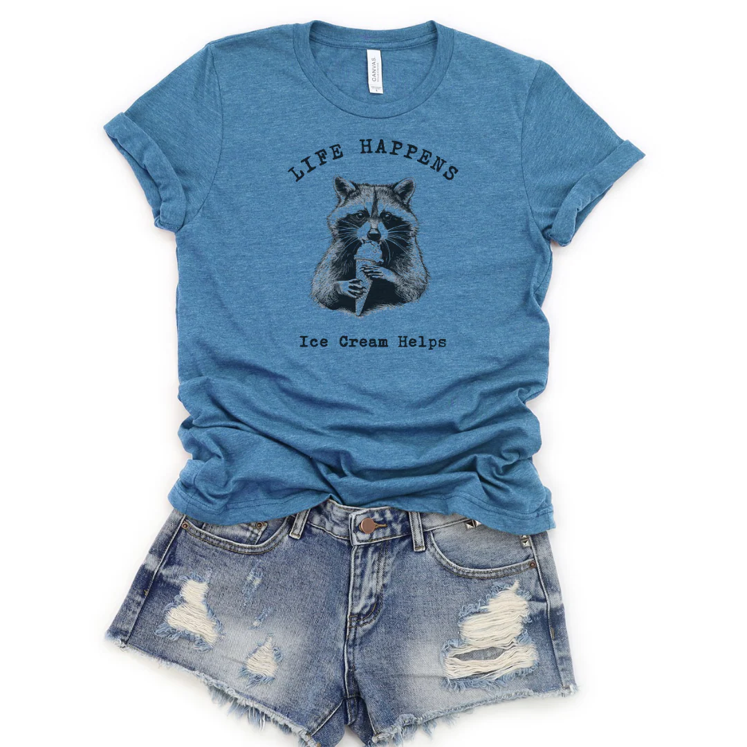 💙 Life Happens Ice Cream Helps Raccoon Cozy T-Shirt - Image 20