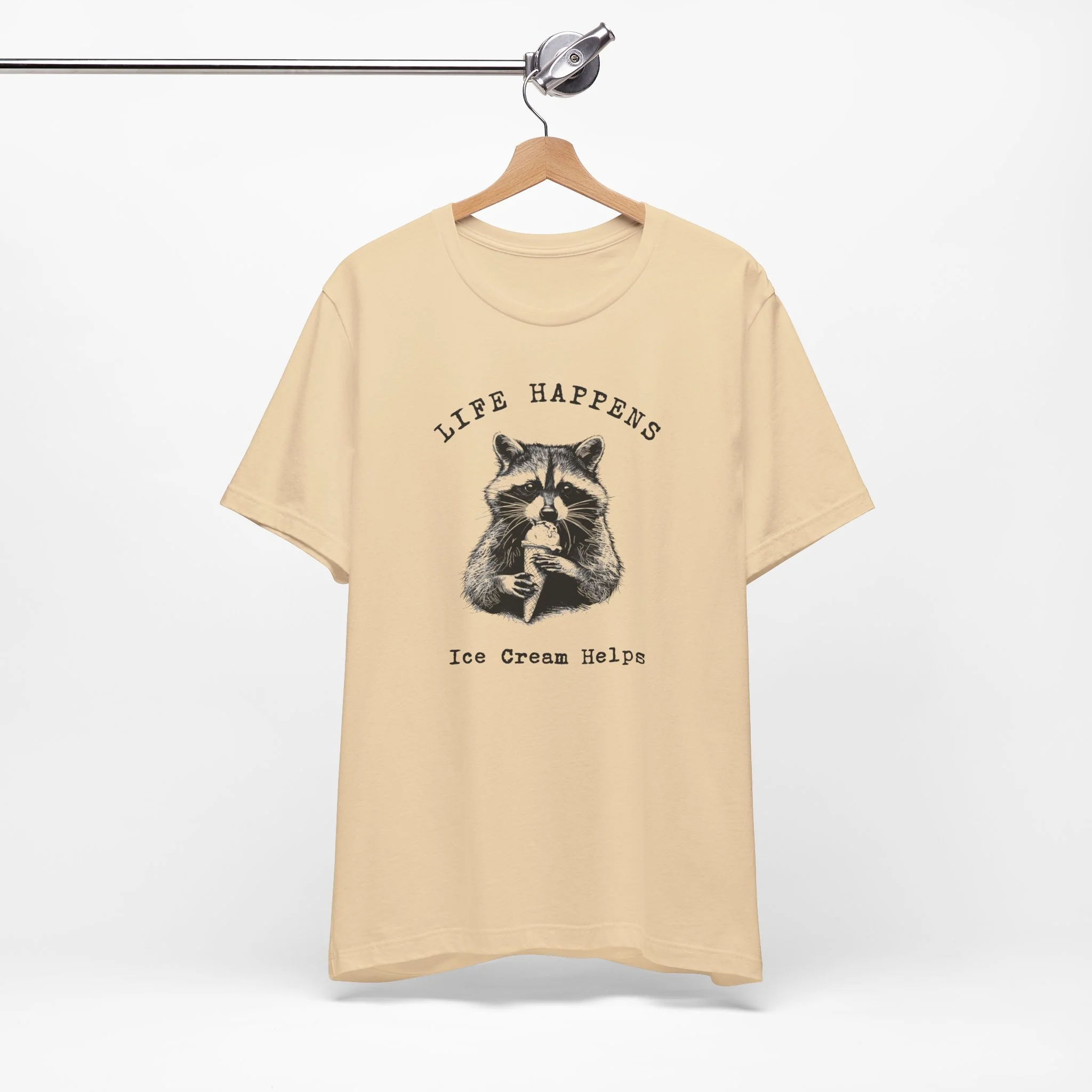 💙 Life Happens Ice Cream Helps Raccoon Cozy T-Shirt - Image 3