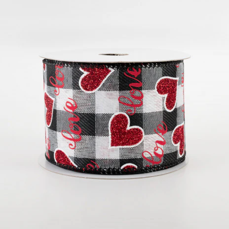 Love Script With Hearts Black & White Buffalo Plaid Ribbon 2.5" x 10 yards