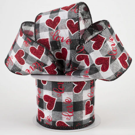 Love Script With Hearts Black & White Buffalo Plaid Ribbon 2.5" x 10 yards - Image 2