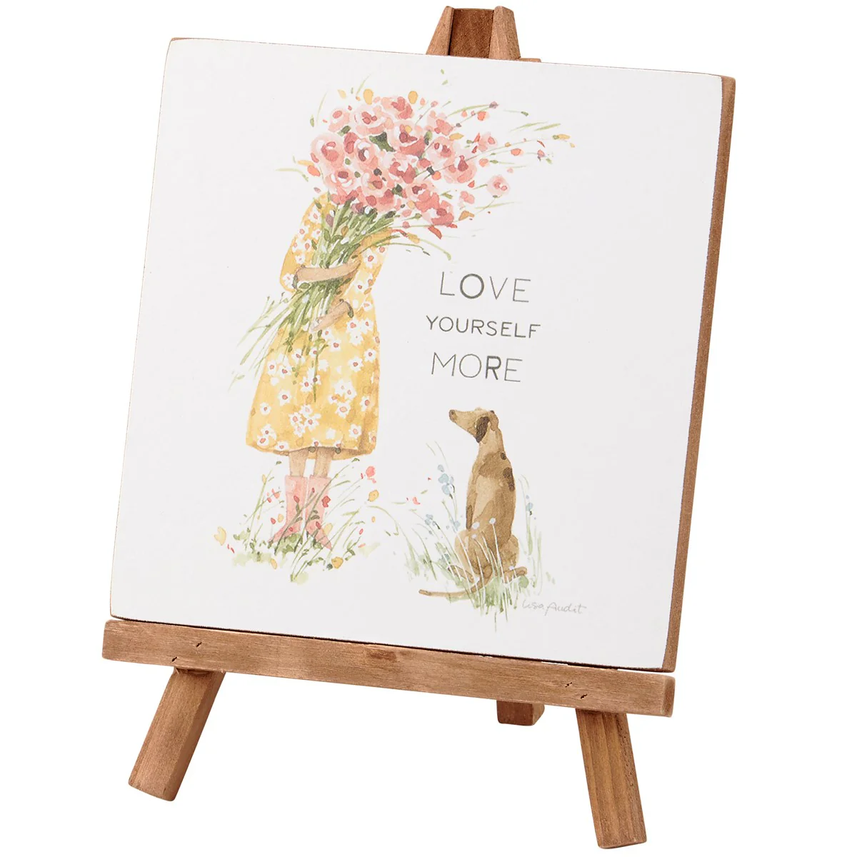 💙 Love Yourself More Girl with Dog Easel Sign