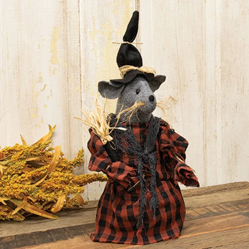 Maven Stuffed Witch Mouse with Broom Fabric Figure 12.5" H - Image 2