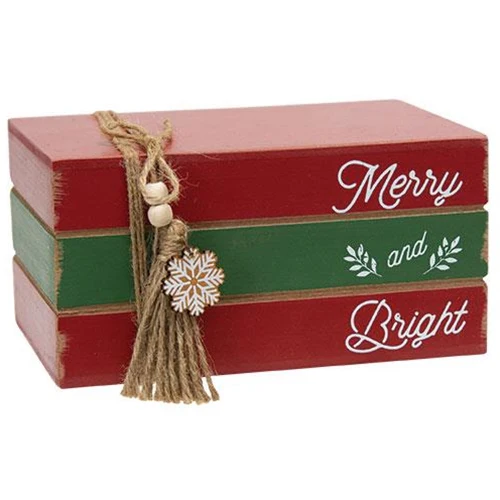 Merry and Bright Wooden Faux Stacked Books Decoration - Image 2