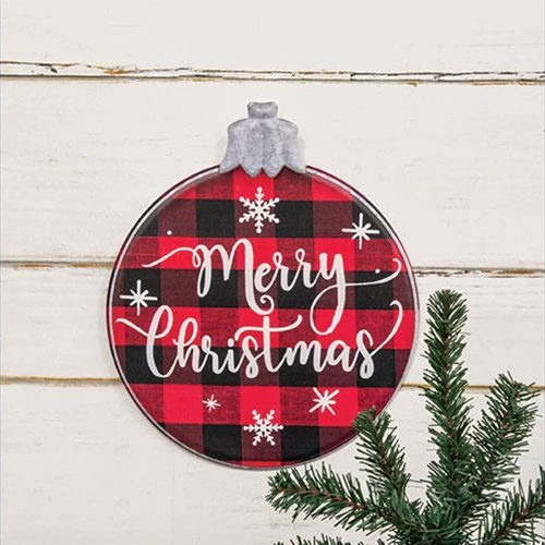 Merry Christmas Buffalo Check Ornament 10" Metal Sign