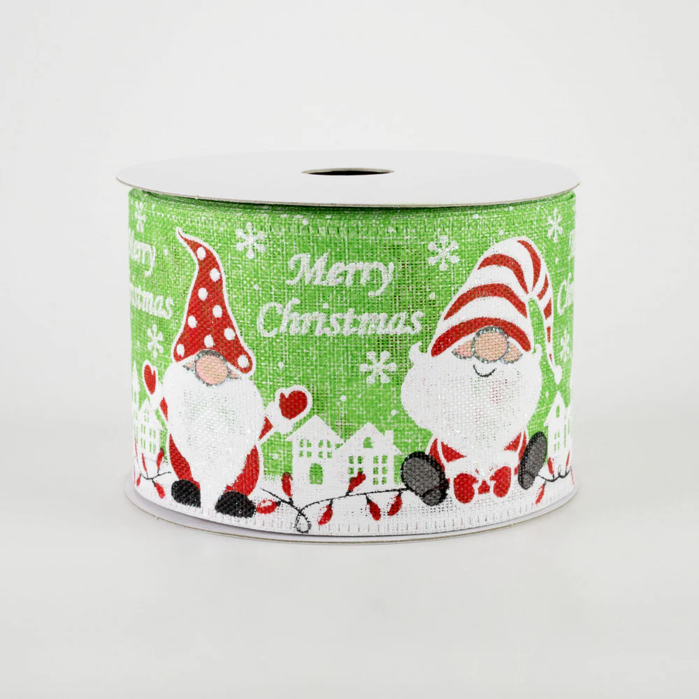 ๐ Merry Christmas Gnomes Lime Green Background Ribbon 2.5" x 10 yards