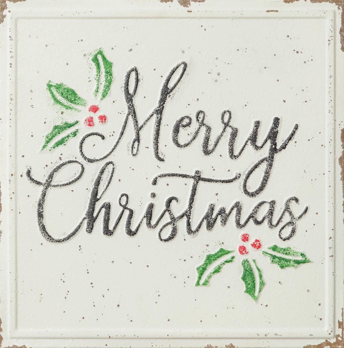 Merry Christmas Holly 12.25" Embossed Metal Sign