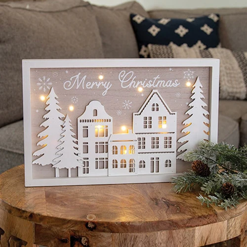 Merry Christmas LED Lighted Winter Village Framed Sign