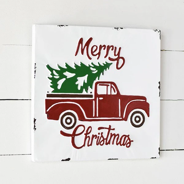 💙 Merry Christmas Red Truck with Tree Distressed Metal Sign
