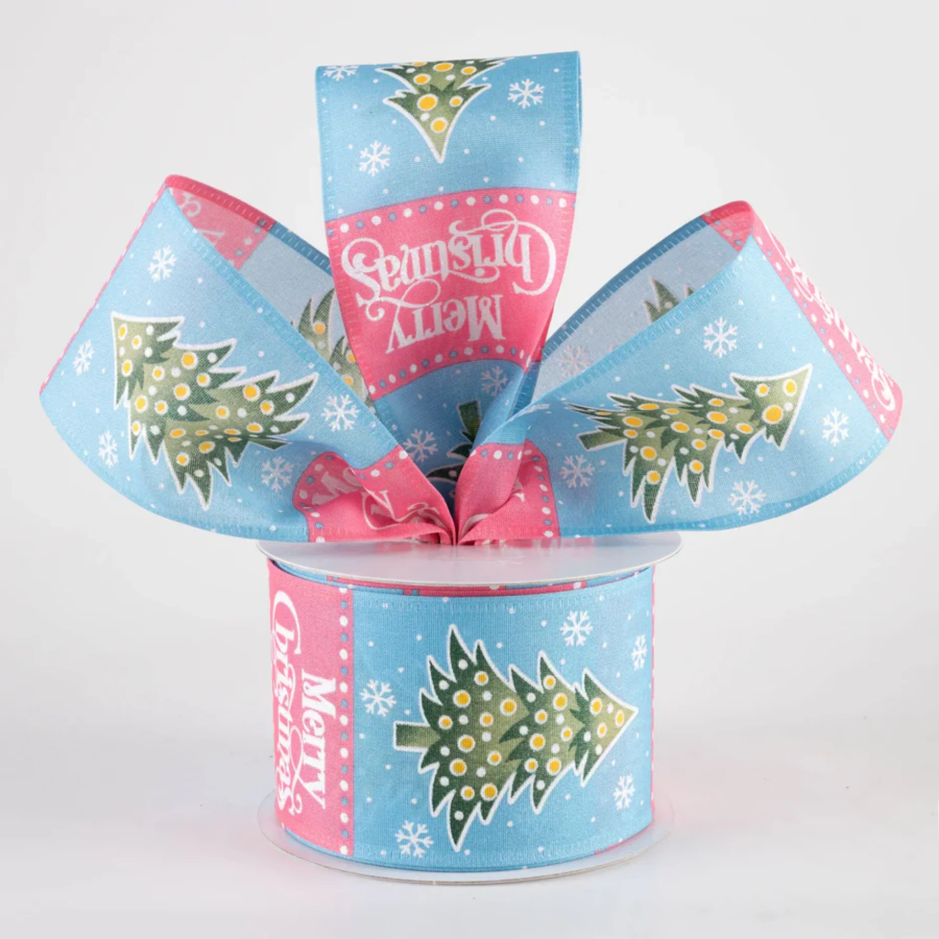 💙 Merry Christmas & Tree Blocks Pink and Blue Ribbon 2.5" x 10 yards