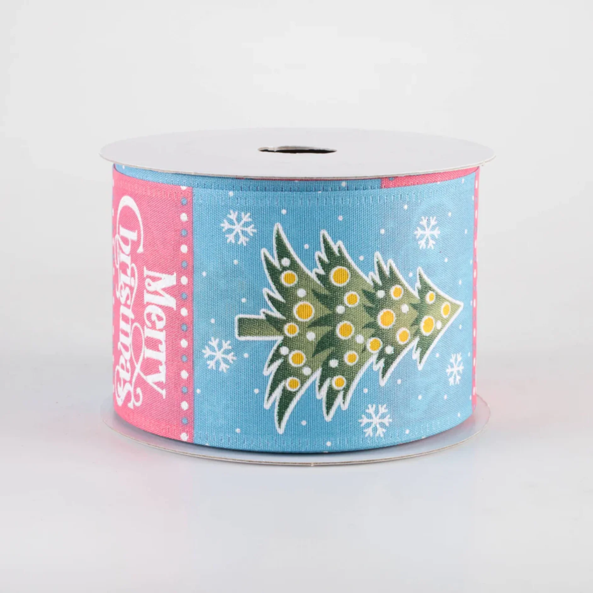 💙 Merry Christmas & Tree Blocks Pink and Blue Ribbon 2.5" x 10 yards - Image 2