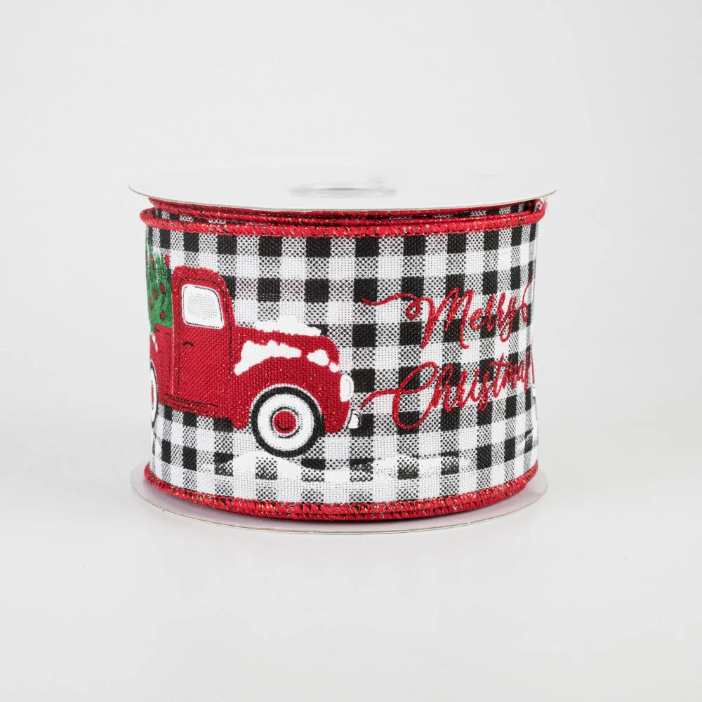 Merry Christmas Truck Buffalo Plaid Ribbon 2.5" x 10 yards