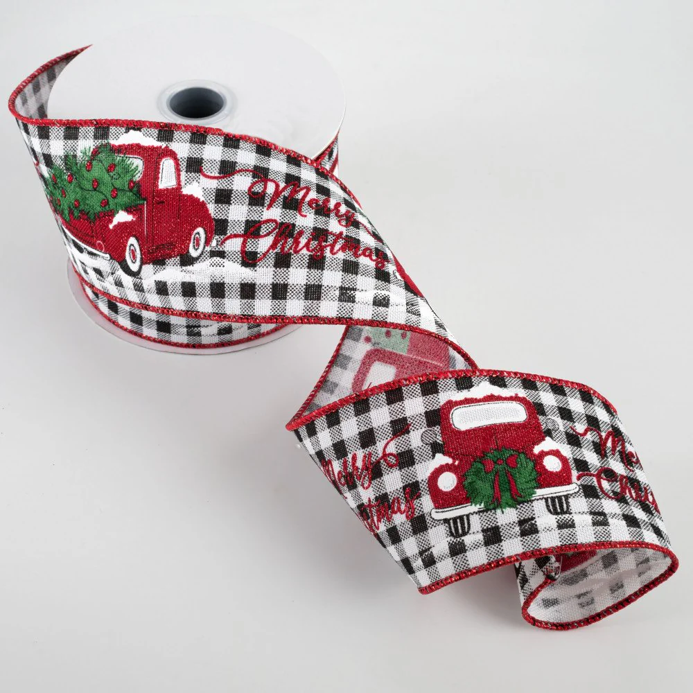 Merry Christmas Truck Buffalo Plaid Ribbon 2.5" x 10 yards - Image 2