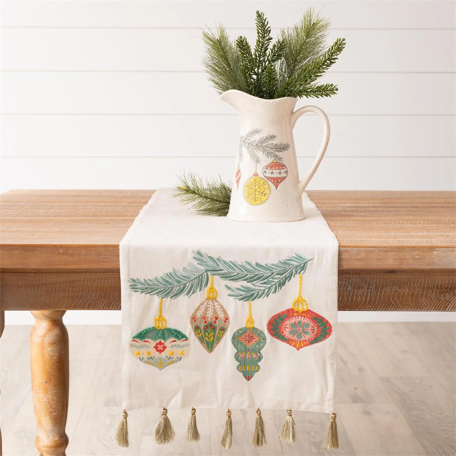 Merry Ornaments Embroidered 54" Table Runner
