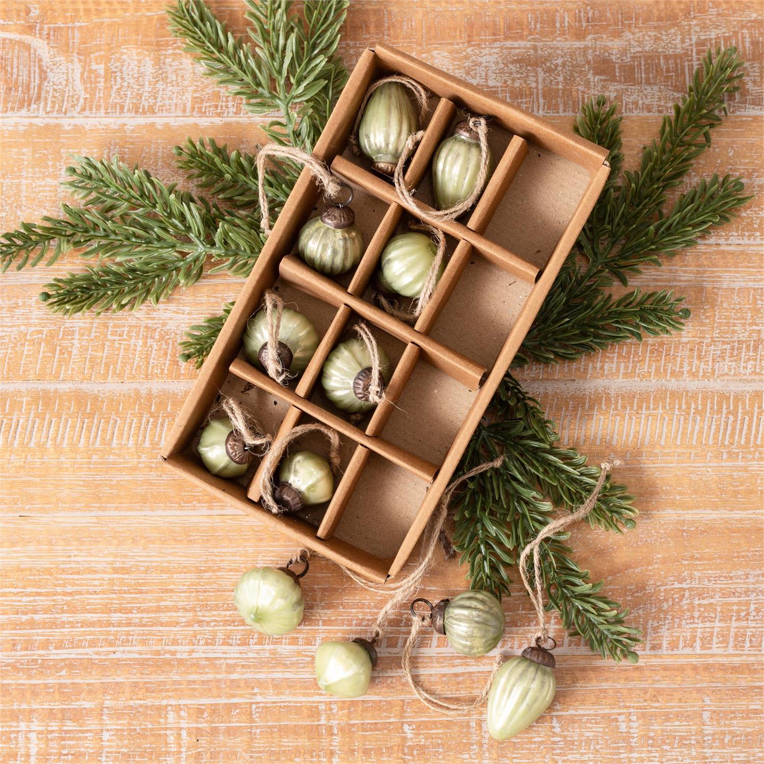 💙 Mini Green Glass Ornaments Box of 12