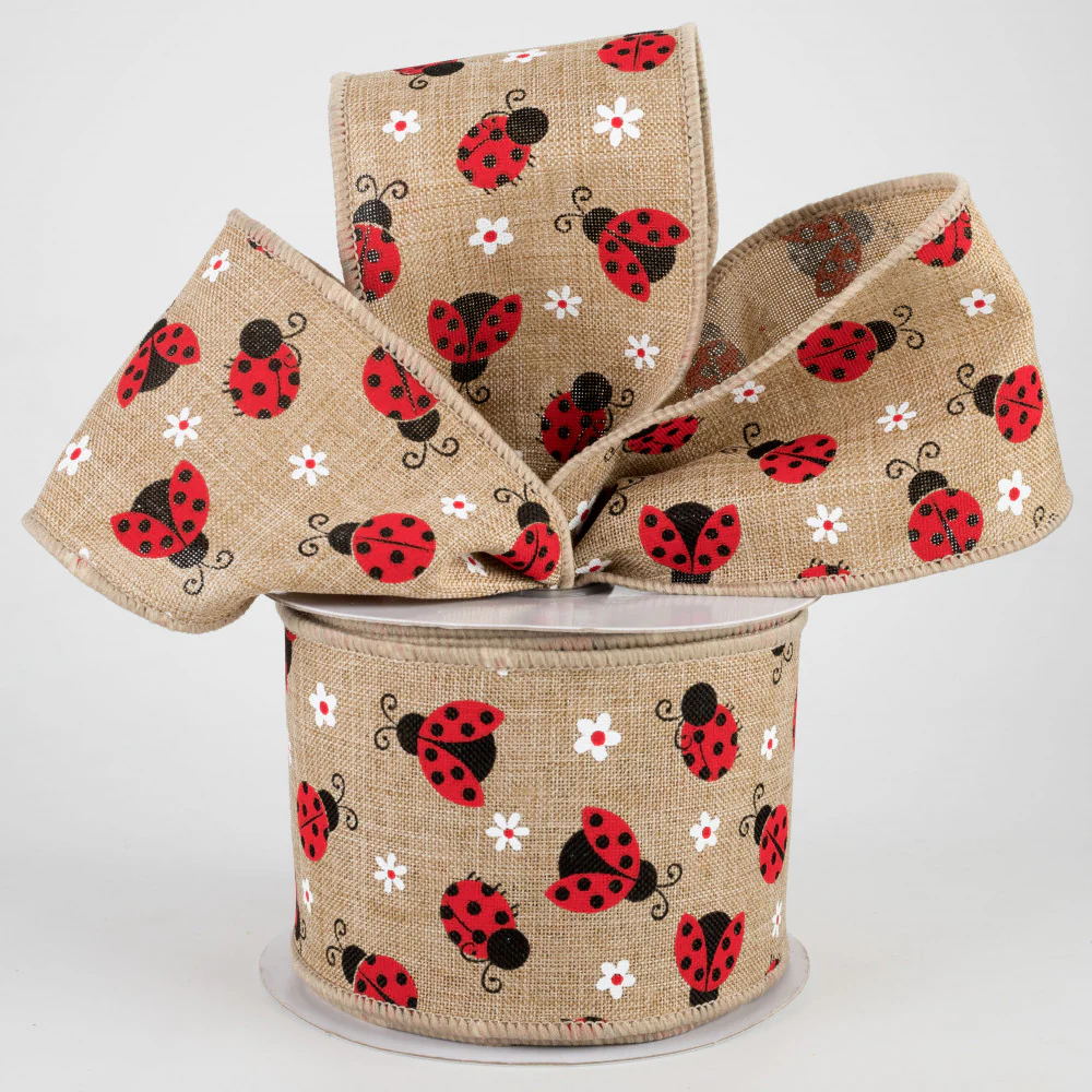 ๐ Mini Ladybugs Light Beige Ribbon 2.5" x 10 yards - Image 2