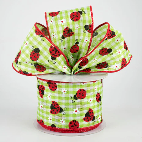 ๐ Mini Ladybugs Light Green Check Ribbon 2.5" x 10 yards