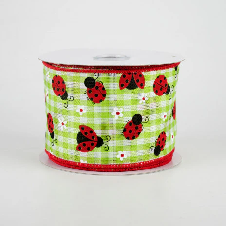 ๐ Mini Ladybugs Light Green Check Ribbon 2.5" x 10 yards - Image 2