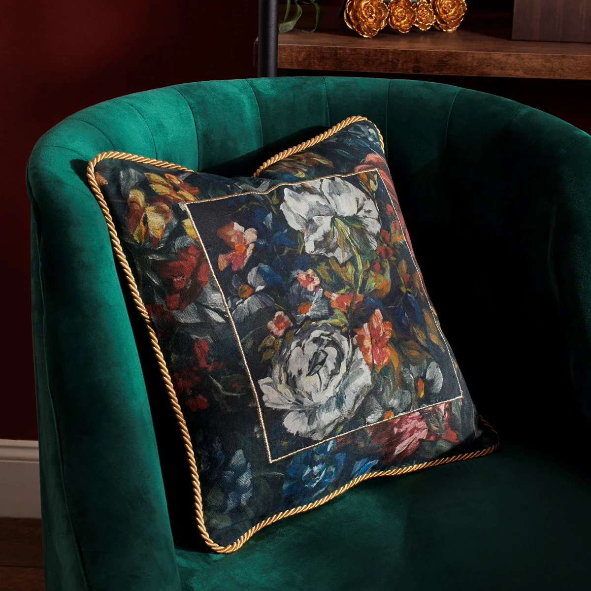 Surprise Me Sale 🤭 Moody Old English Florals With Velvet Gold Trim 16" Accent Pillow - Image 3