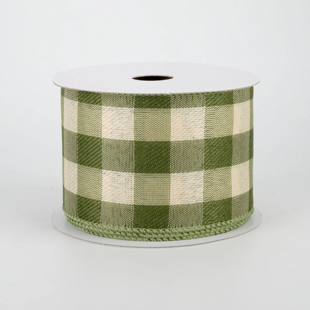 ๐ Moss and Ivory Linen Check Plaid Ribbon 2.5" x 10 yards
