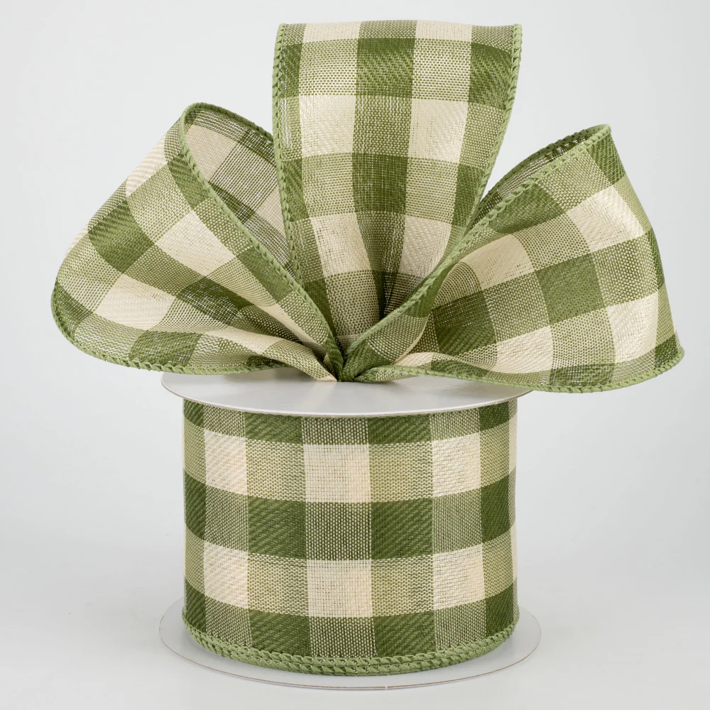 ๐ Moss and Ivory Linen Check Plaid Ribbon 2.5" x 10 yards - Image 2