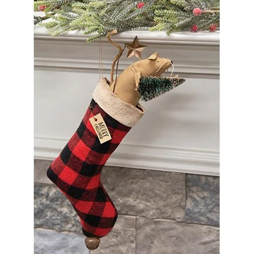 ๐ Mouse in Buffalo Plaid Christmas Stocking Hanging