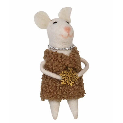 Ms Snowflake Mouse with Pearl Necklace Felt Ornament