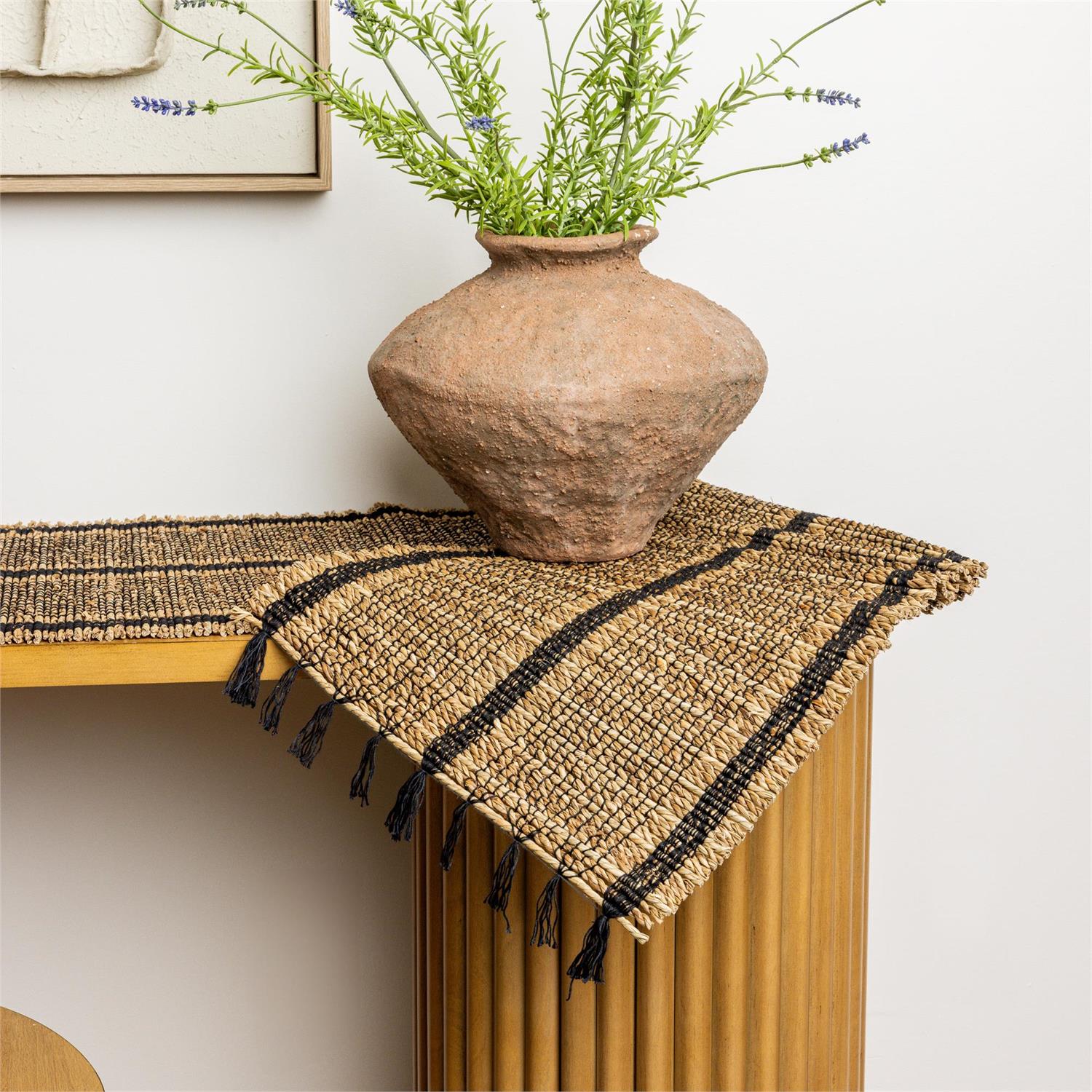 Natural And Black Woven Seagrass 72" Table Runner