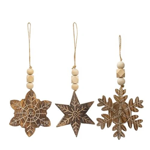 Natural Beaded Distressed Wood Grain Snowflake Ornament Set of 3