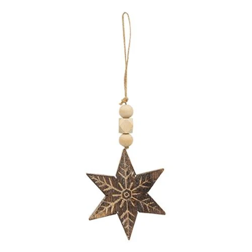 Natural Beaded Distressed Wood Grain Snowflake Ornament Set of 3 - Image 2