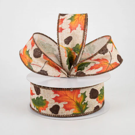 Natural Canvas Fall Leaves Acorns Ribbon 1.5" x 10 yards