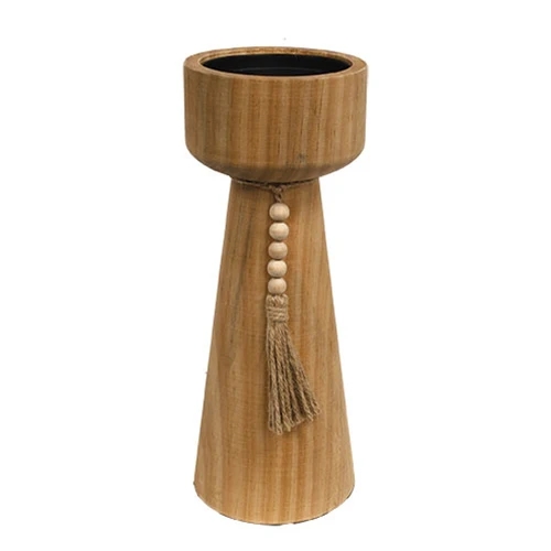 Natural Wooden Beaded Pillar Candle Holder 11.5"H