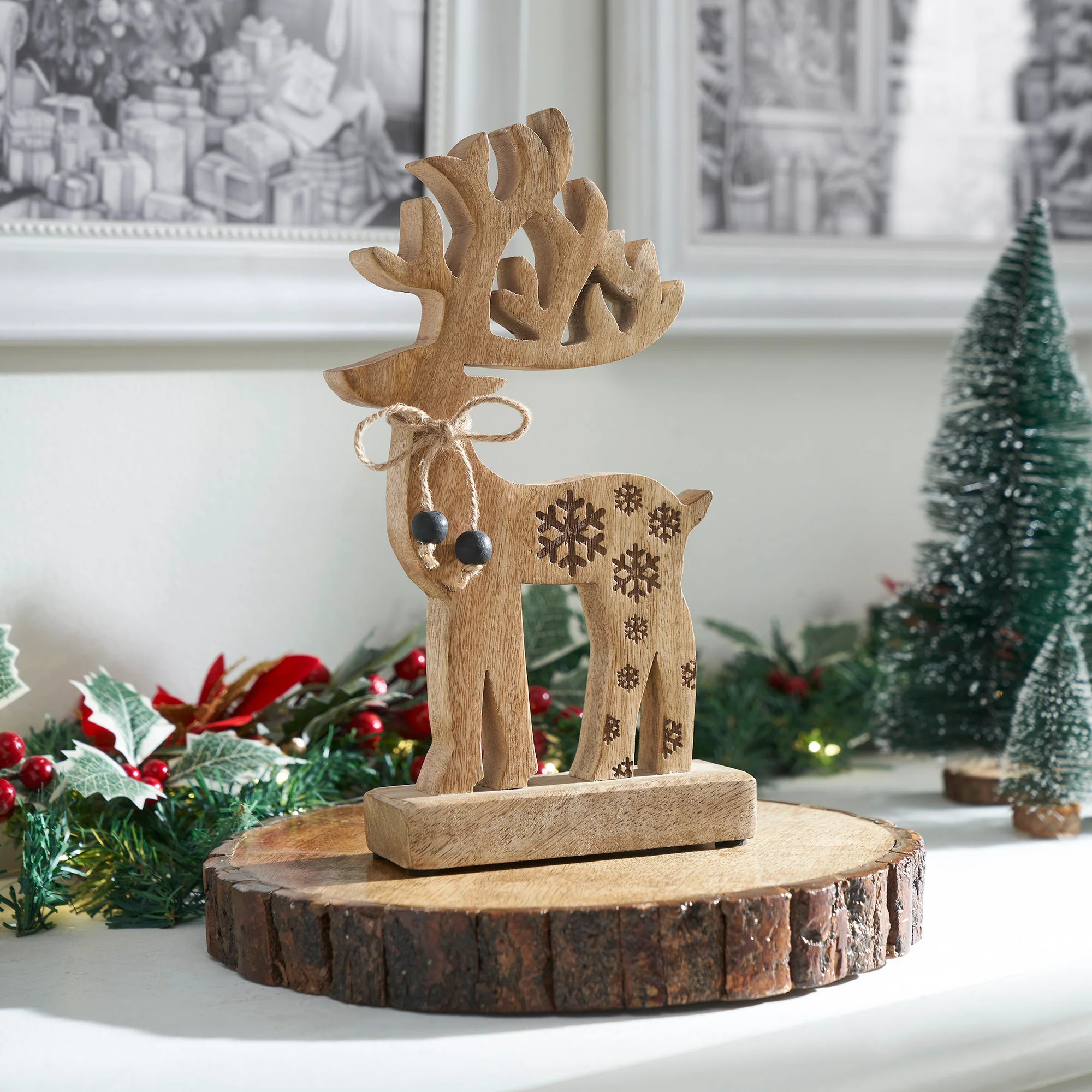 Natural Wooden Snowflake Reindeer 11" H