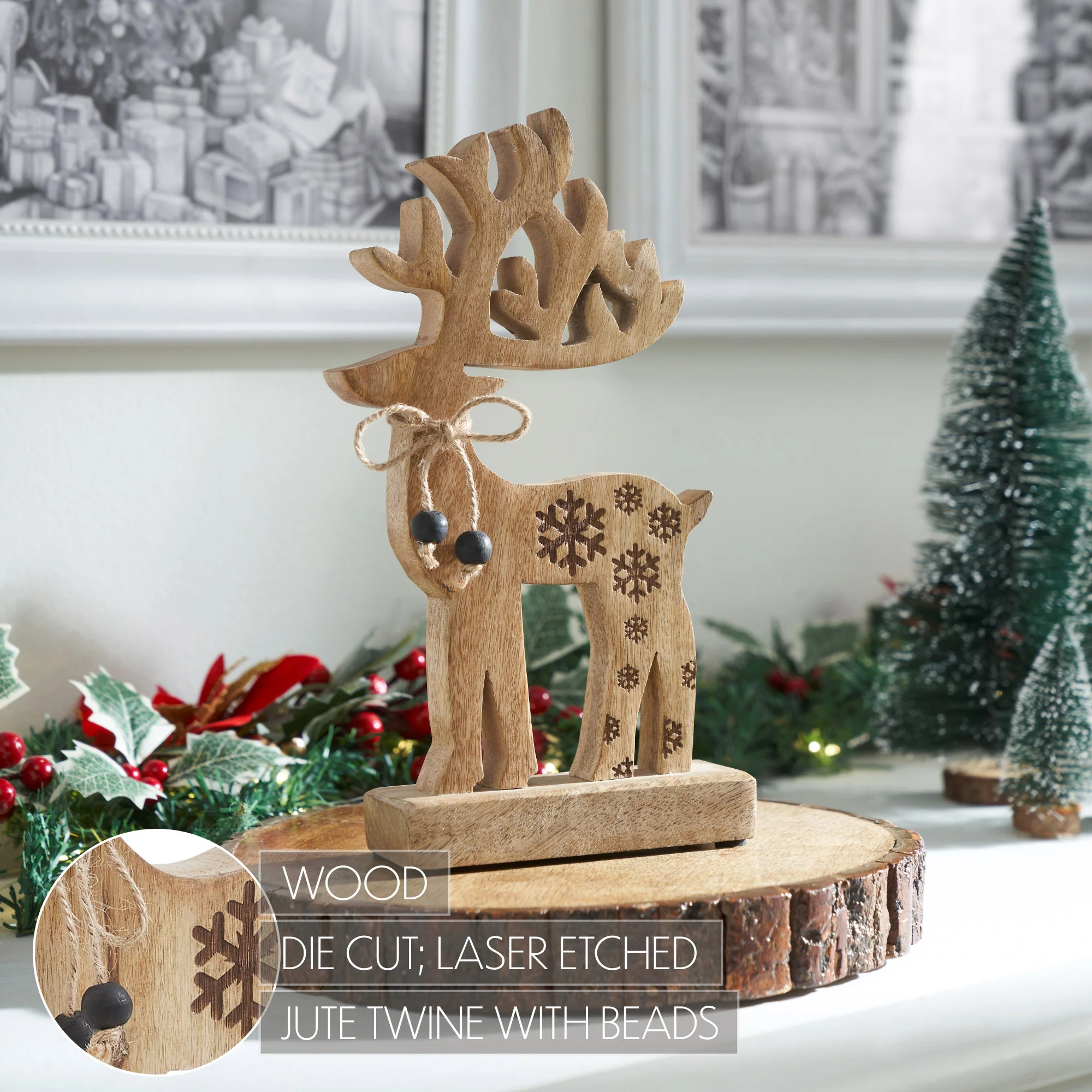 Natural Wooden Snowflake Reindeer 11" H - Image 4