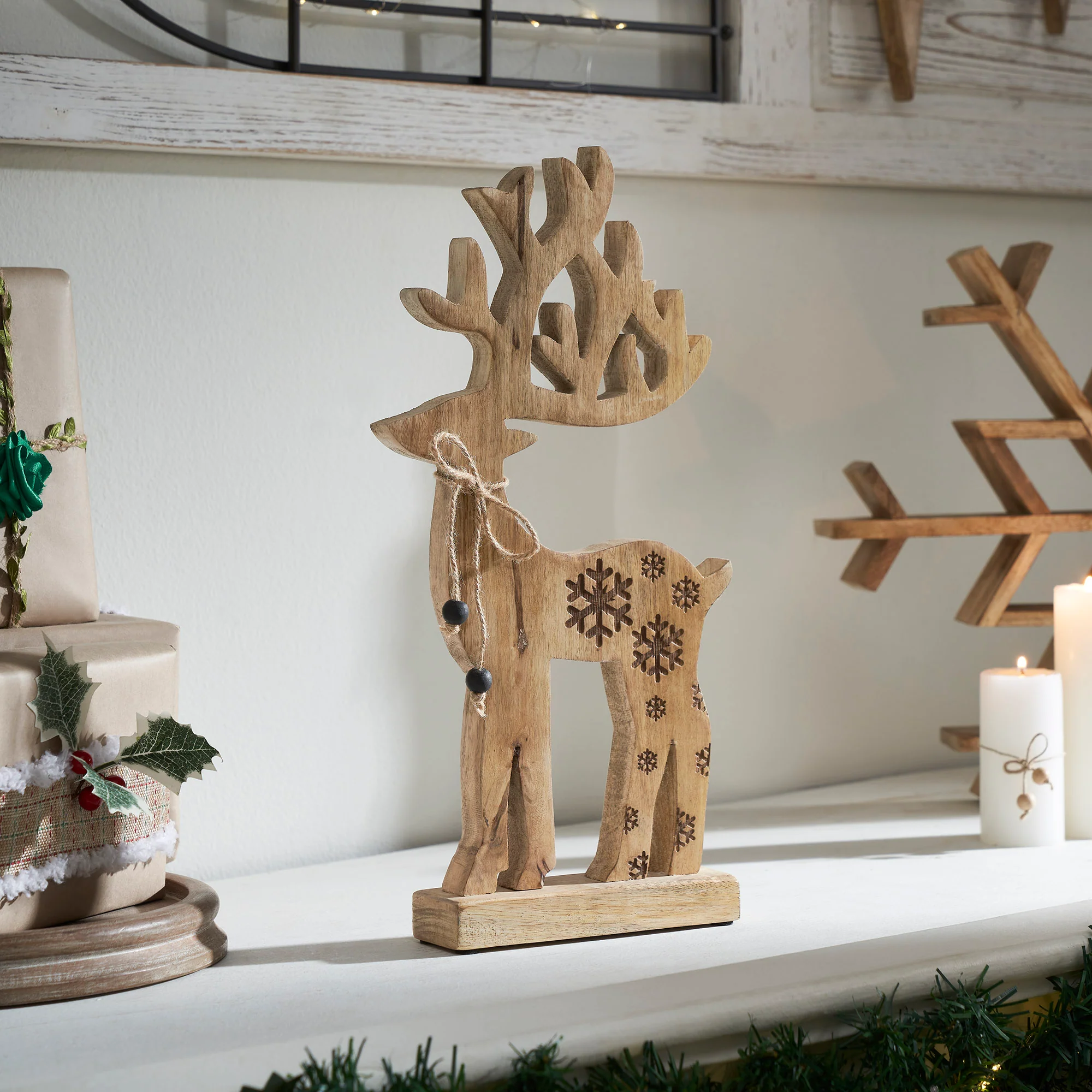 Natural Wooden Snowflake Reindeer 16" H