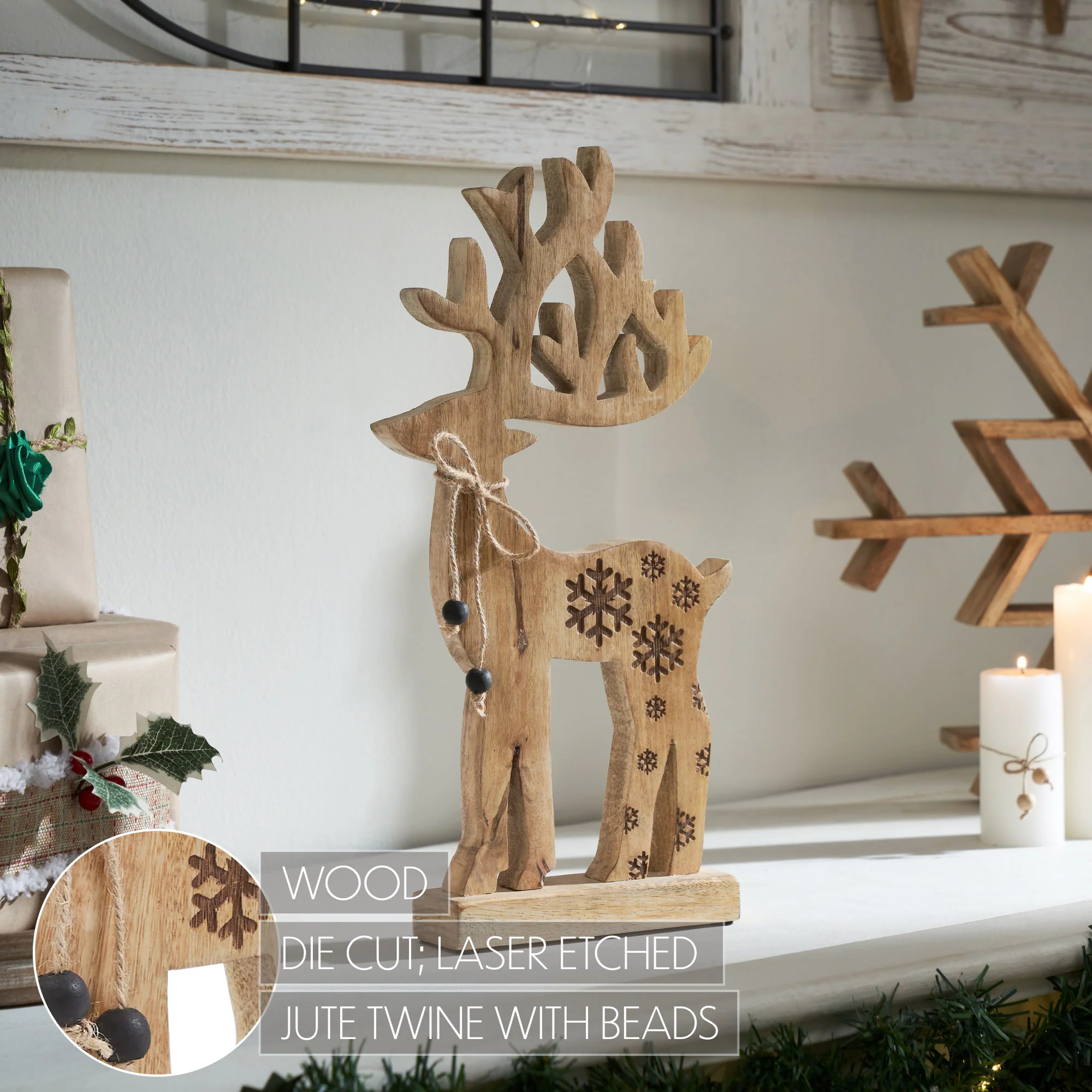 Natural Wooden Snowflake Reindeer 16" H - Image 3