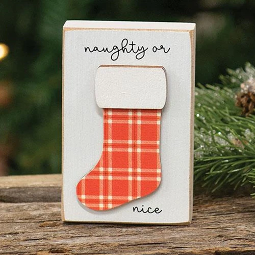 ๐ Naughty Or Nice Stocking Small Wooden Christmas Block Sign