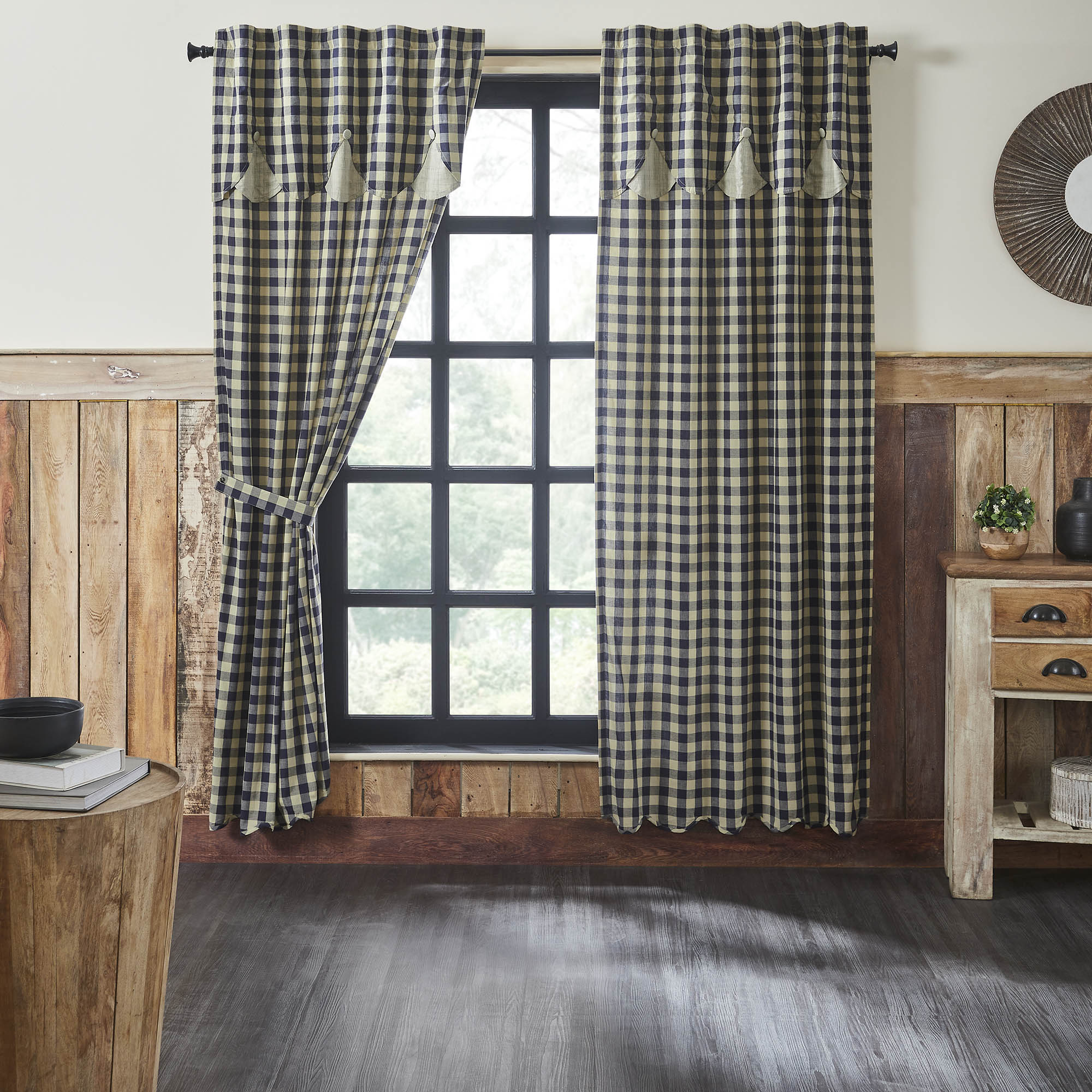 Navy and Khaki Panel with Attached Scalloped Layered Valance Set of 2 84" x 40"