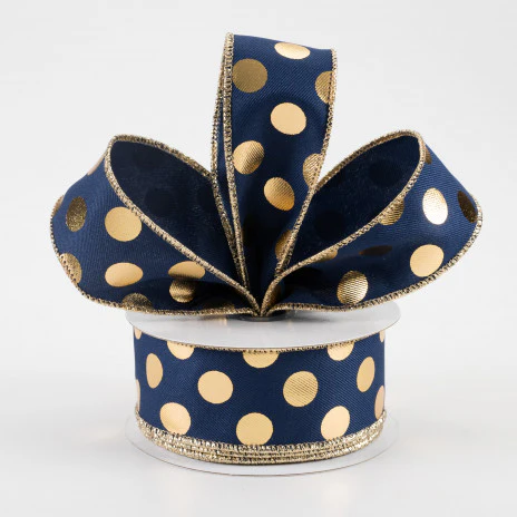 ๐ Navy Blue and God Metallic Polka Dots Ribbon 1.5" x 10 yards