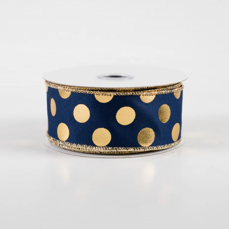 ๐ Navy Blue and God Metallic Polka Dots Ribbon 1.5" x 10 yards - Image 2