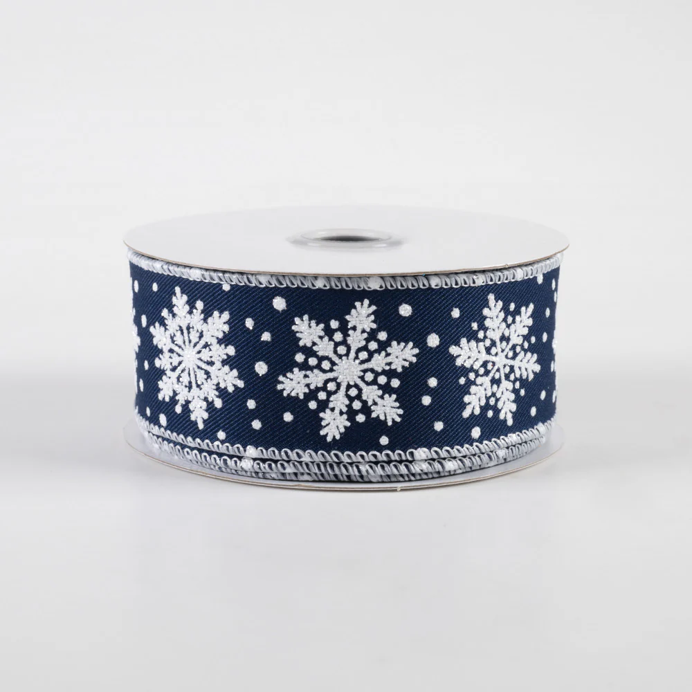Navy Blue & White Snowflakes Ribbon 1.5" x 10 Yards - Image 2