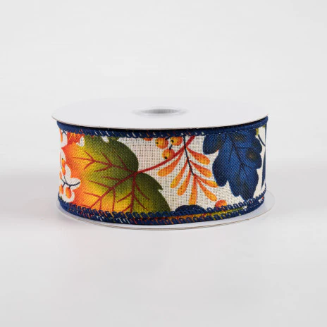 Navy Fall Leaves On Ivory Ribbon 1.5" x 10 yards - Image 2