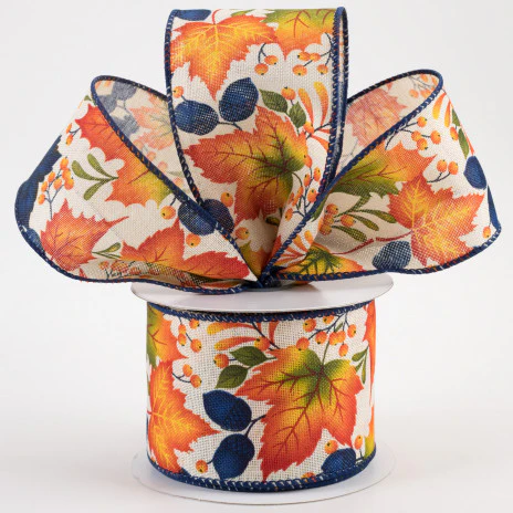 Navy Fall Leaves On Ivory Ribbon 2.5" x 10 yards