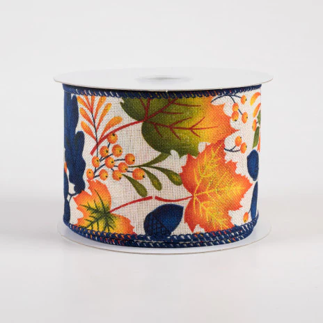 Navy Fall Leaves On Ivory Ribbon 2.5" x 10 yards - Image 2