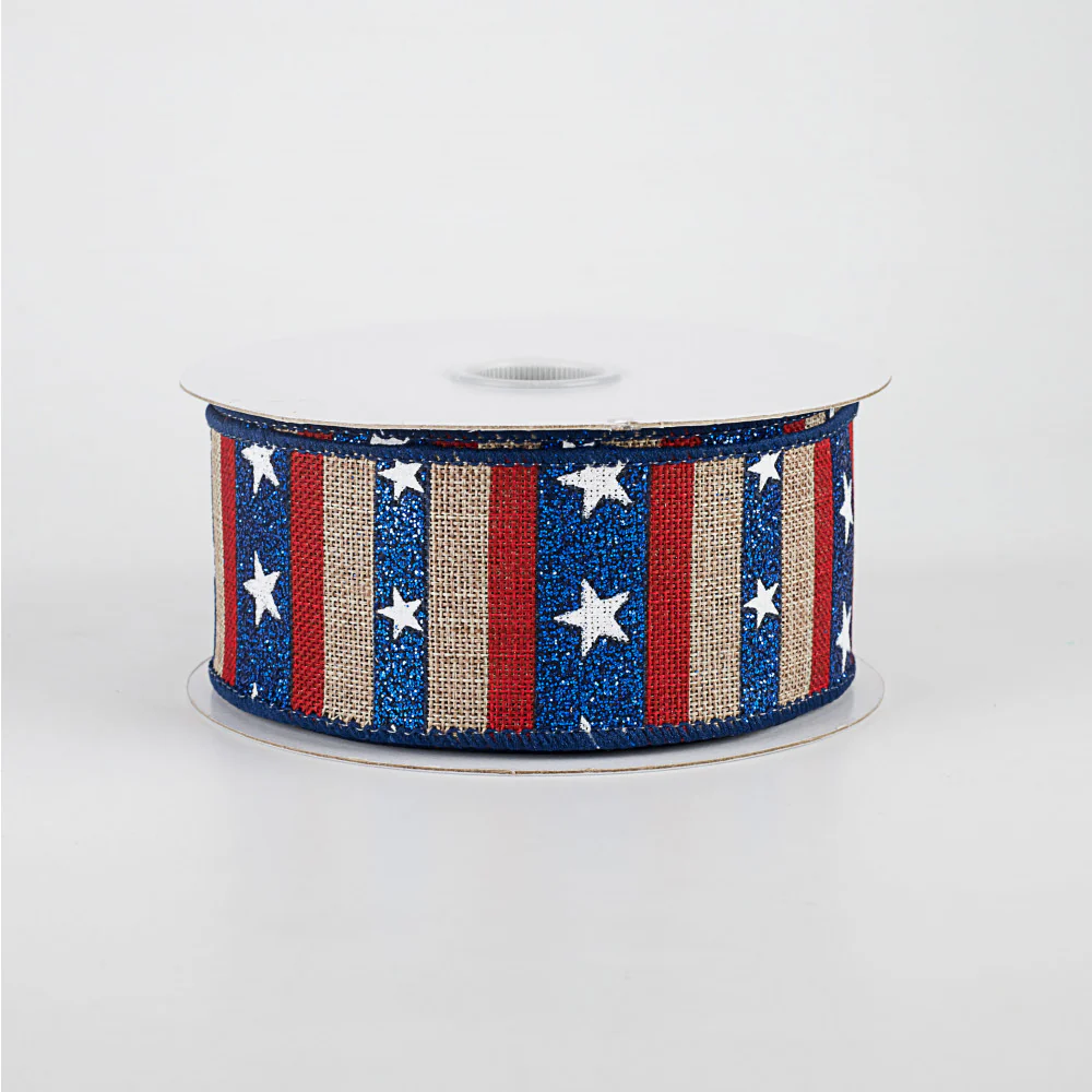 Navy Glitter Stripes With Stars on Natural Ribbon 1.5" x 10 yards - Image 2