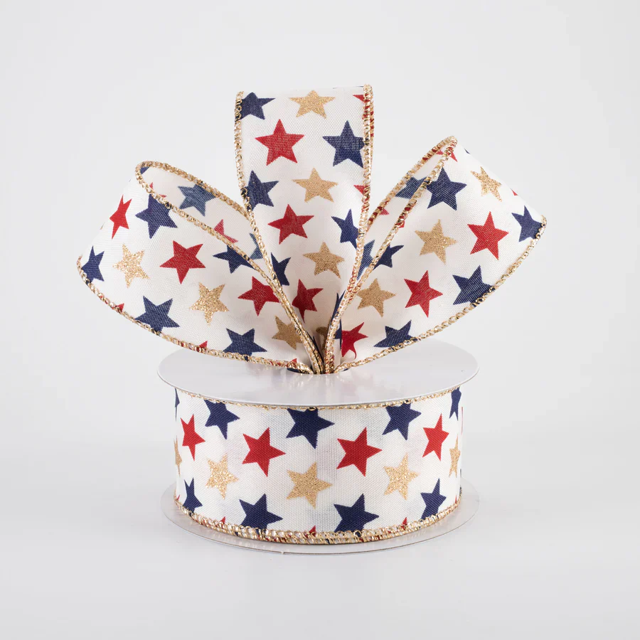 Navy Red and Gold Glitter Stars Ribbon 1.5" x 10 Yards