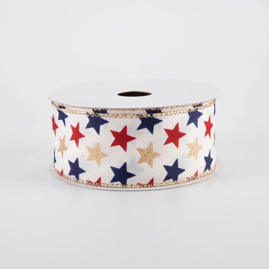 Navy Red and Gold Glitter Stars Ribbon 1.5" x 10 Yards - Image 2
