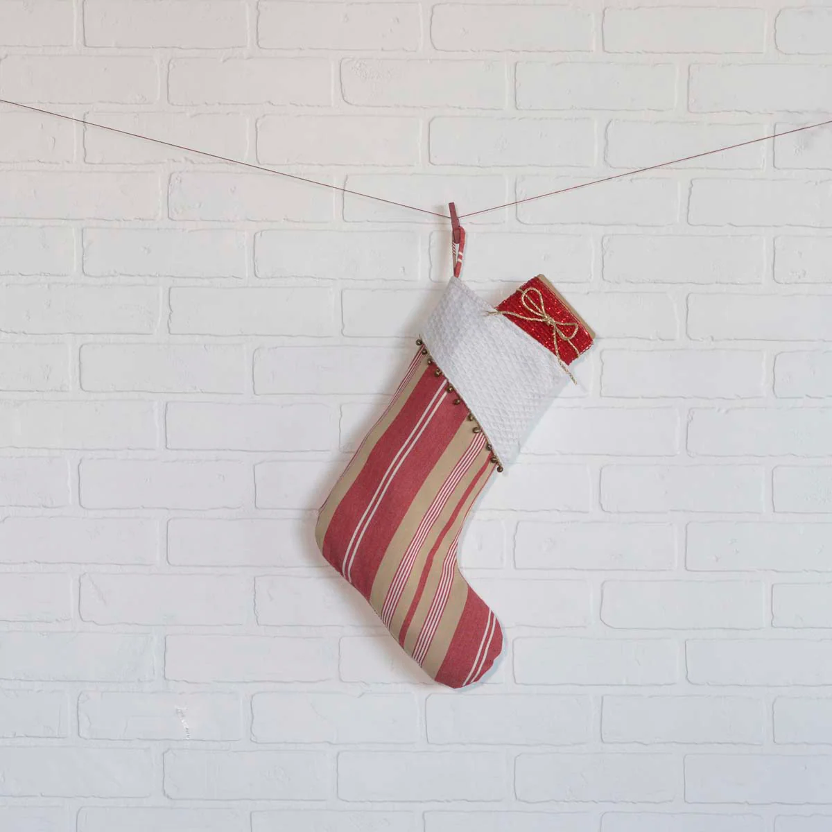 ๐ Nostalgic Red and Tan Stripe Christmas Stocking