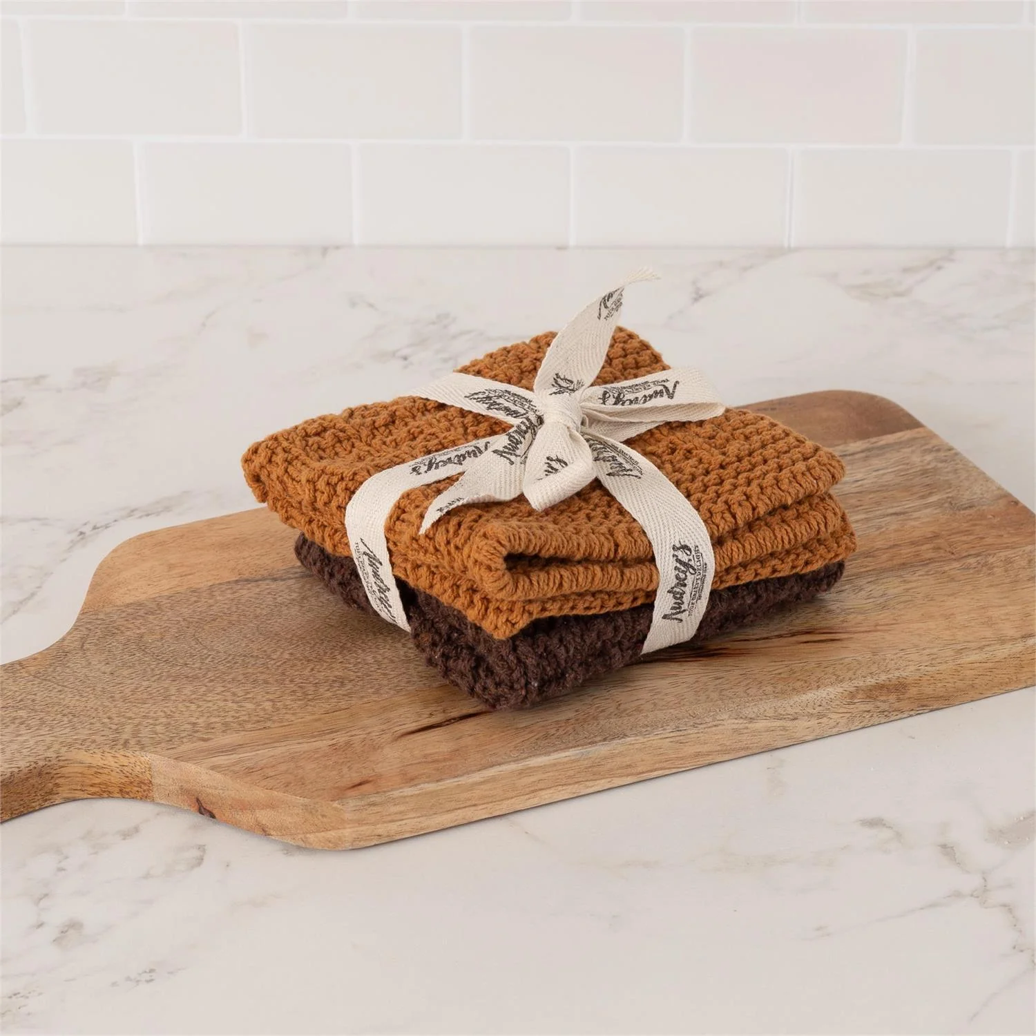 Ocher and Brown Knitted Dish Cloth Set